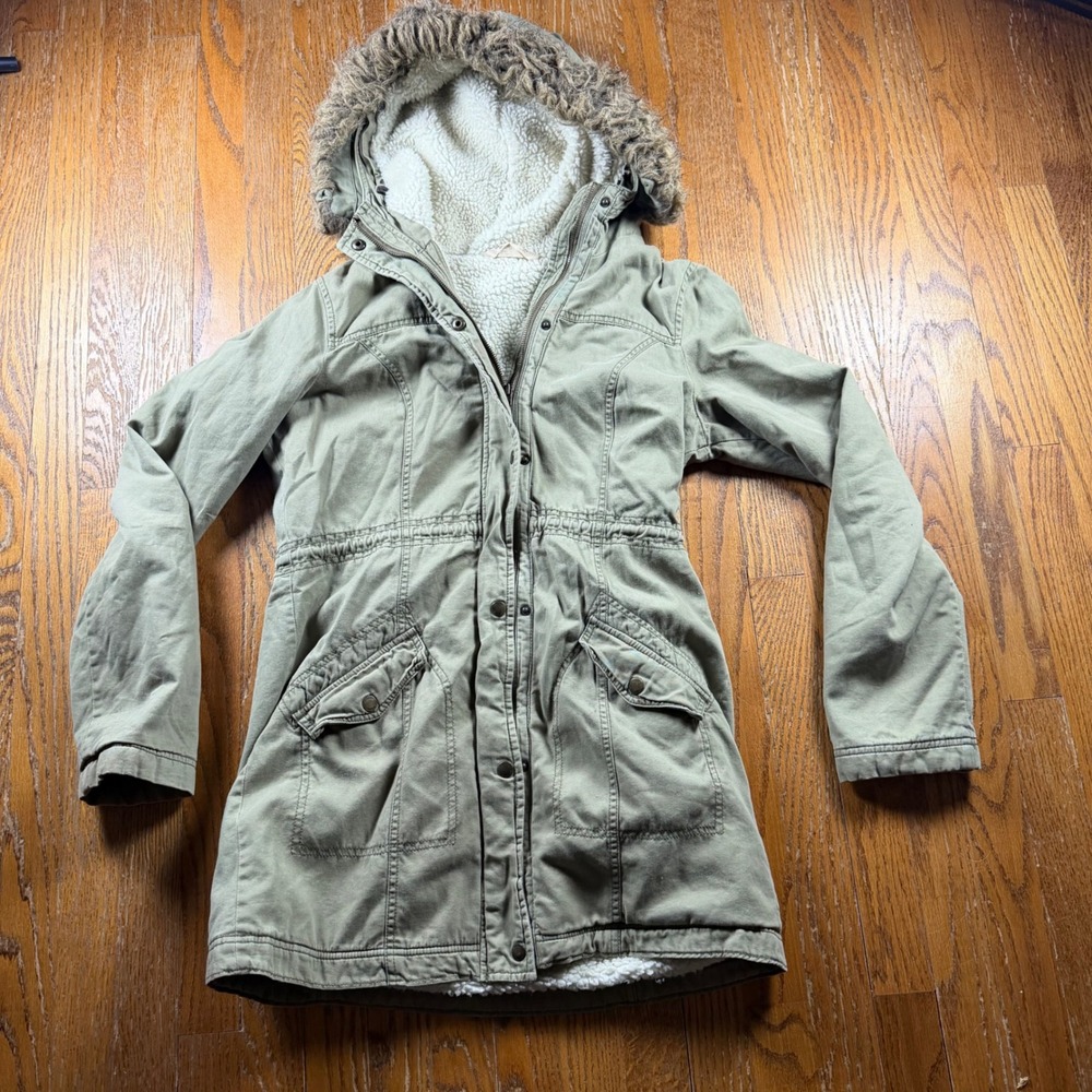 Y2K Hollister Womens Olive Green Sherpa Lined Parka Jacket Faux Fur Hood Large
